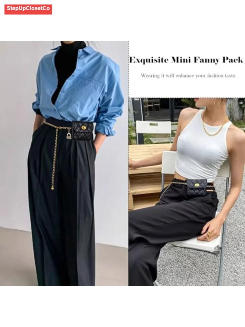 Women's Chain Belt with Detachable Pouch, Metal & PU Leather Braided Waist